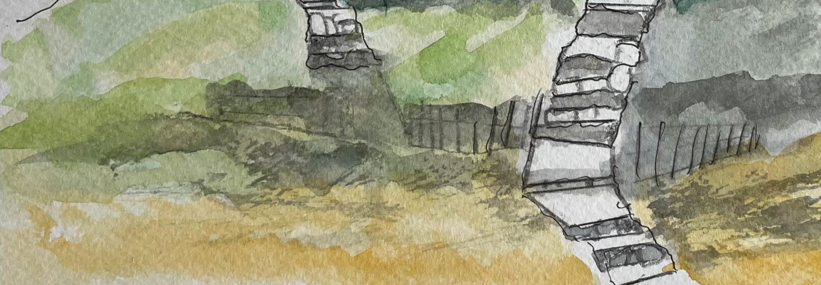 Watercolor painting of a landscape and staircase by Clive C.